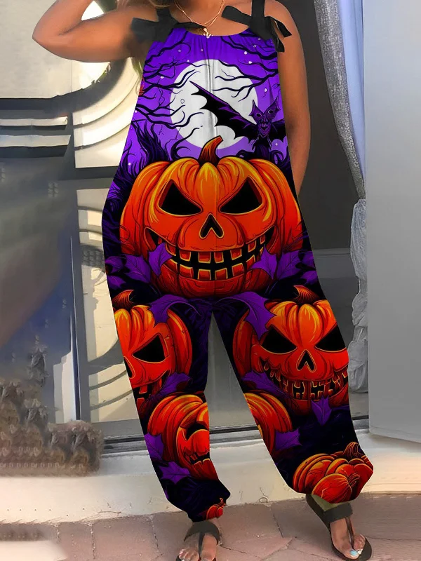 Women's Halloween Pumpkin Gradient Print Suspender Casual Jumpsuit