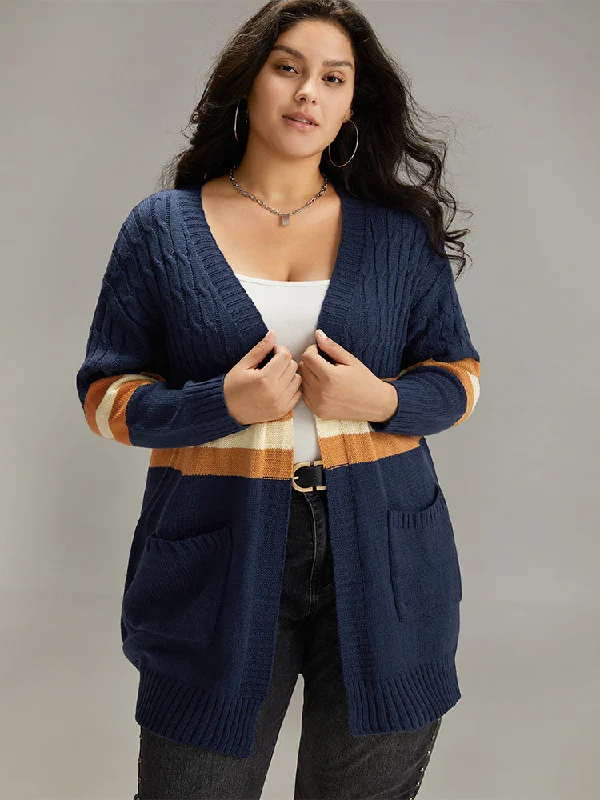 Cable Knit Colorblock Contrast Open Front Cardigan