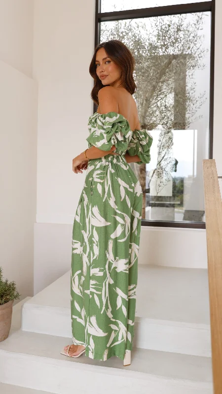 Callison Crop Top and Pants Set - Green Print