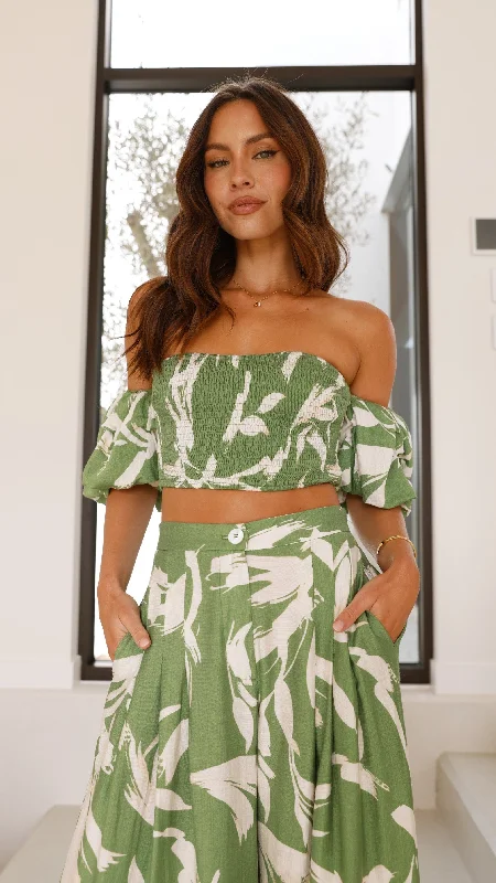 Callison Crop Top and Pants Set - Green Print