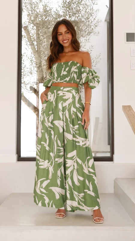 Callison Crop Top and Pants Set - Green Print