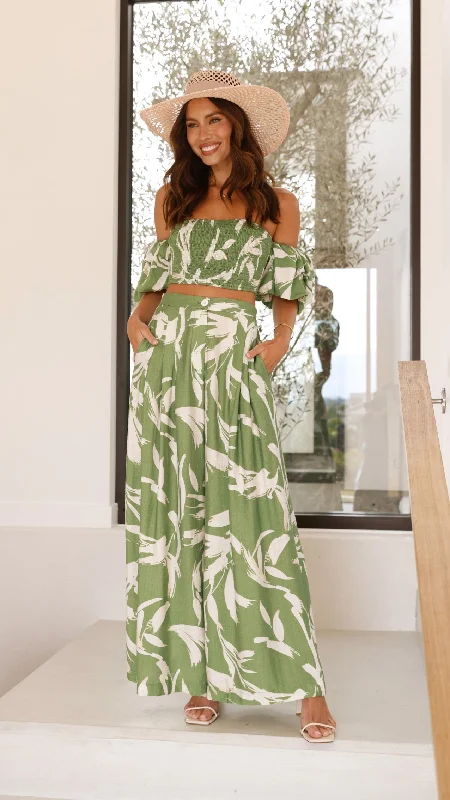 Callison Crop Top and Pants Set - Green Print