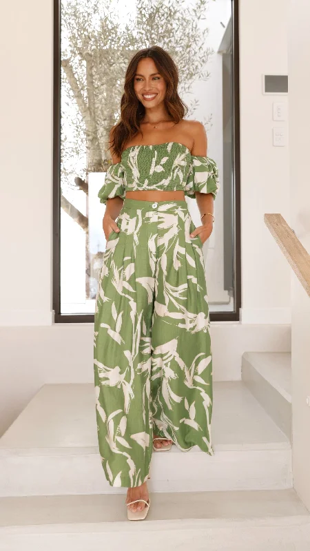 Callison Crop Top and Pants Set - Green Print