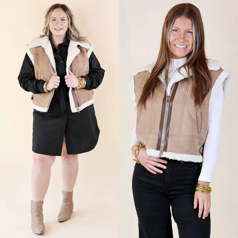 Cozy Outing Sherpa Lined Suede Vest in Light Tan