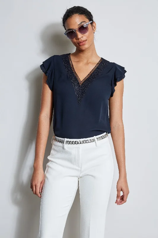 Silk Flutter Sleeve Embroidered Shirt