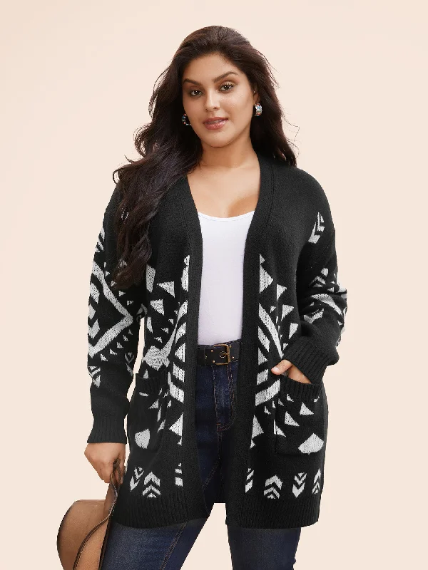 Geometric Pattern Pockets Long Cardigan