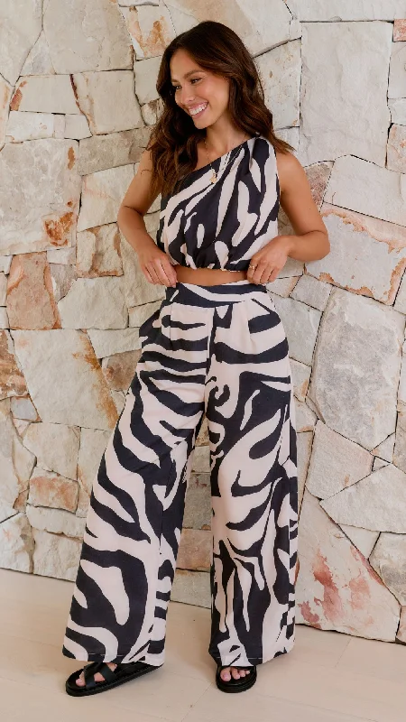 Idris Crop Top and Pants Set - Black / Beige Zebra