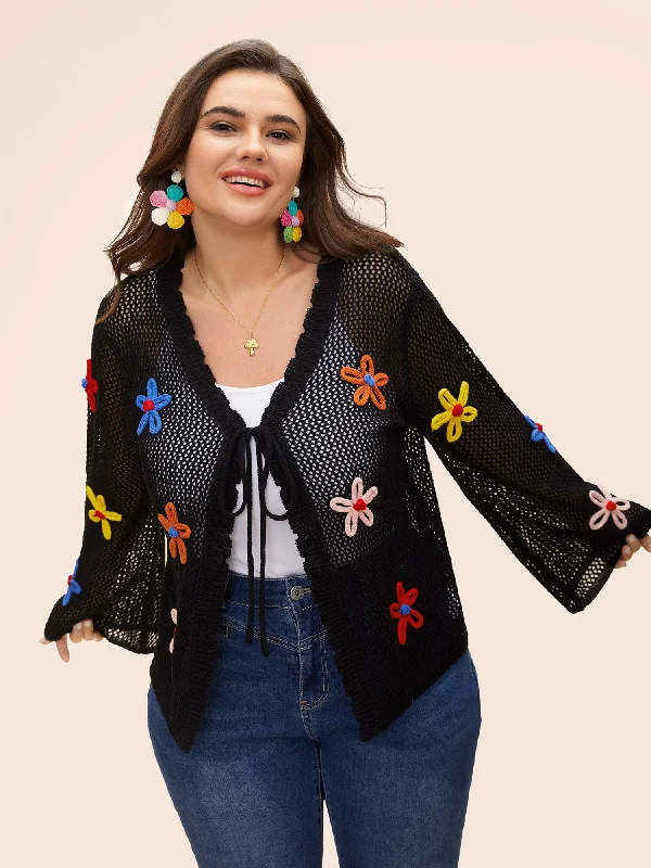 Knit Floral Front Tie Cardigan