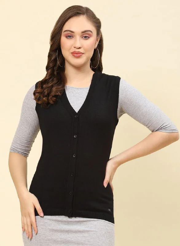 Women Black Solid Modal Nylone Cardigan