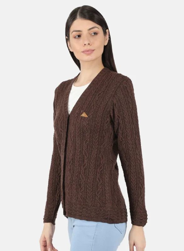 Women Brown Self Design Cardigan