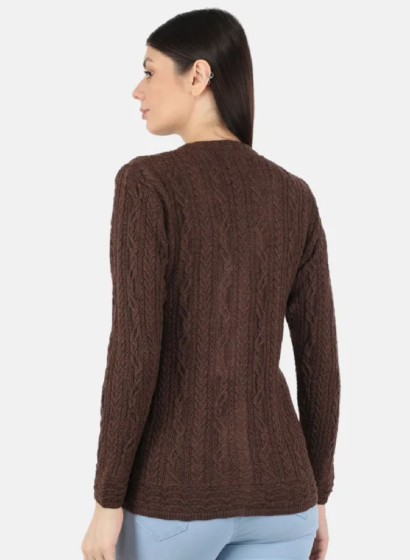 Women Brown Self Design Cardigan