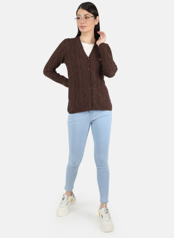 Women Brown Self Design Cardigan