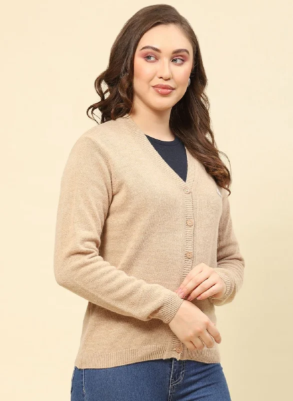 Women Camel Brown Solid Lamb wool Cardigan