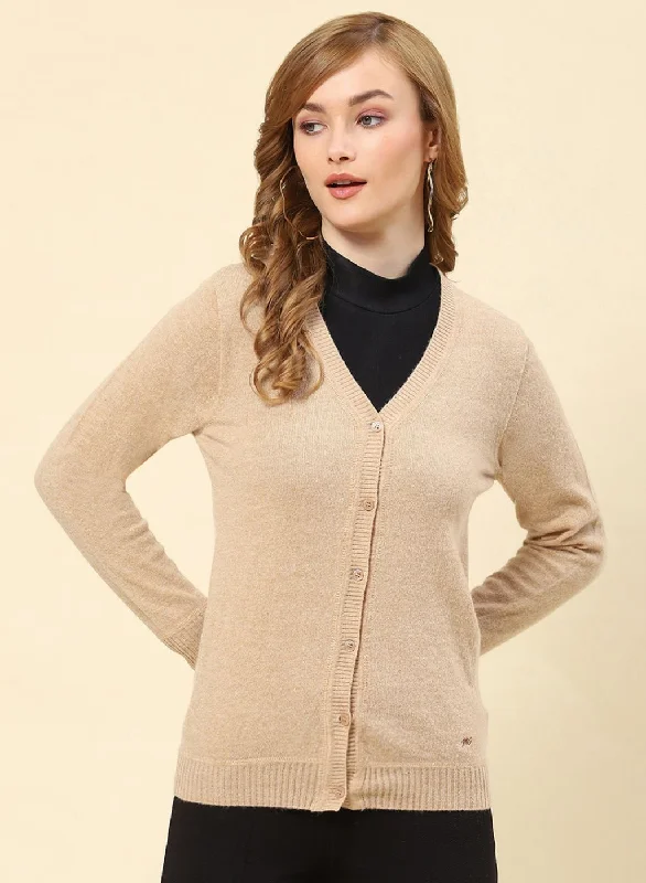 Women Camel Brown Solid Lamb wool Cardigan