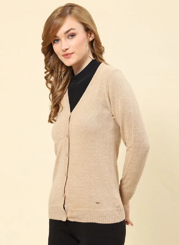 Women Camel Brown Solid Lamb wool Cardigan