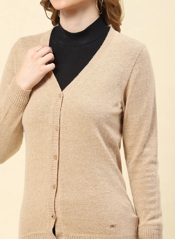 Women Camel Brown Solid Lamb wool Cardigan