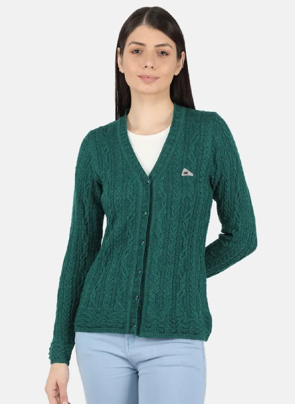 Women Green Self Design Cardigan