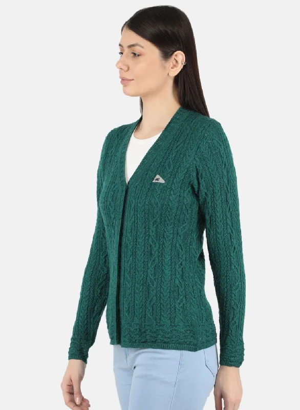 Women Green Self Design Cardigan