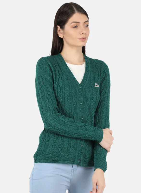 Women Green Self Design Cardigan