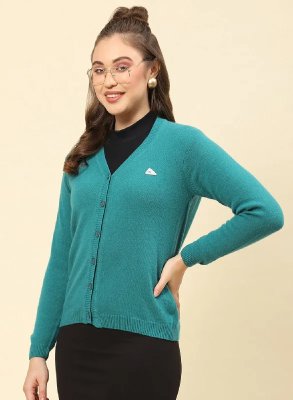 Women Green Solid Lamb wool Cardigan