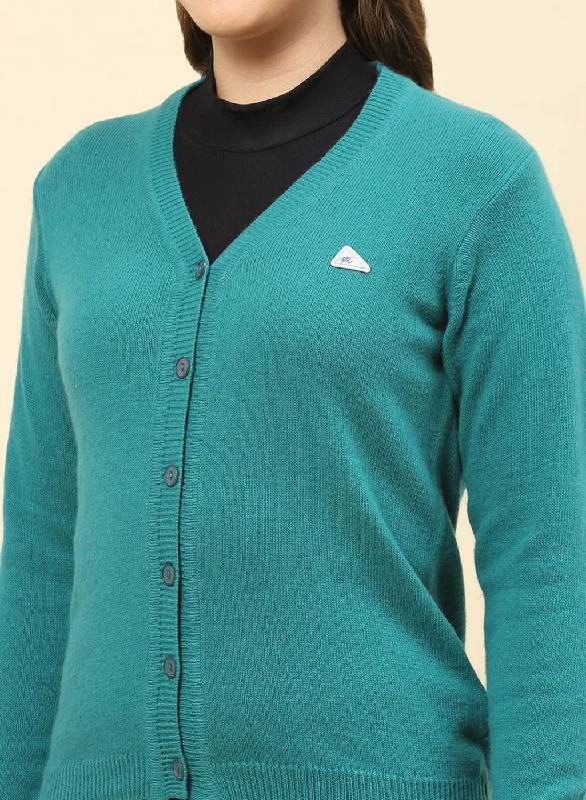 Women Green Solid Lamb wool Cardigan