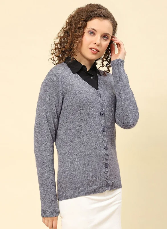 Women Grey Solid Lamb wool Cardigan