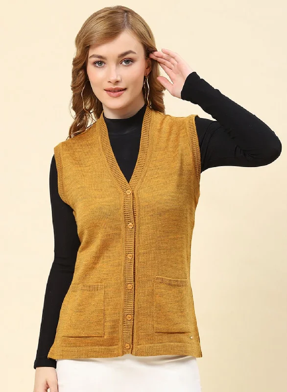 Women Mustard Solid Blend wool Cardigan