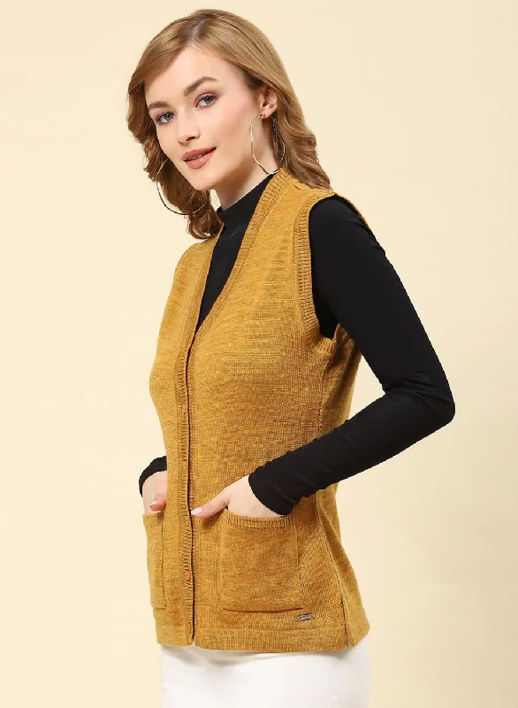 Women Mustard Solid Blend wool Cardigan