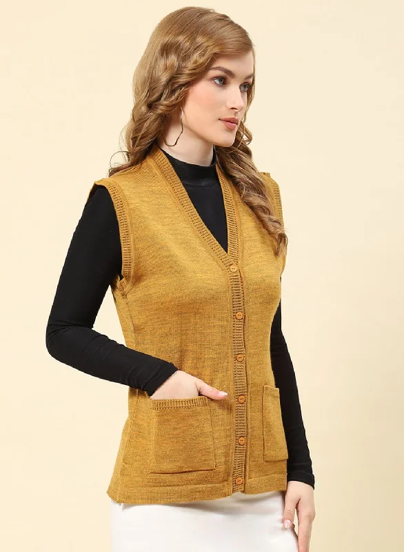 Women Mustard Solid Blend wool Cardigan