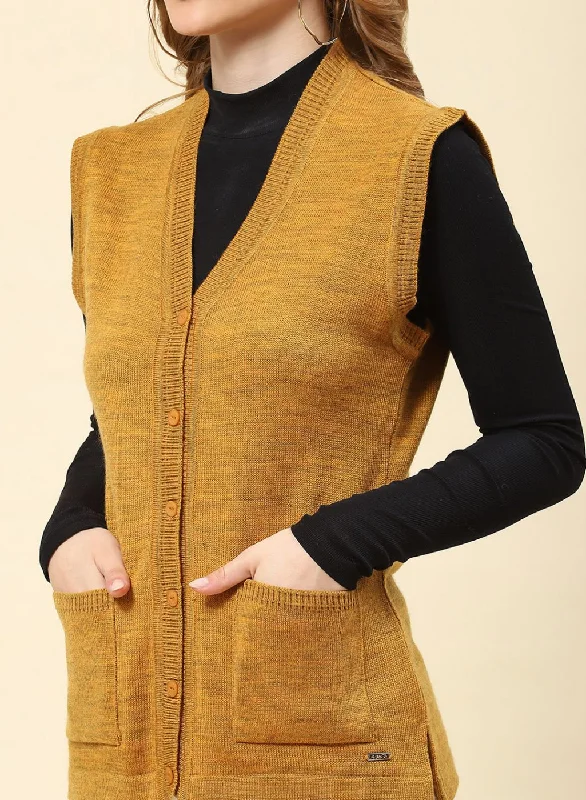 Women Mustard Solid Blend wool Cardigan