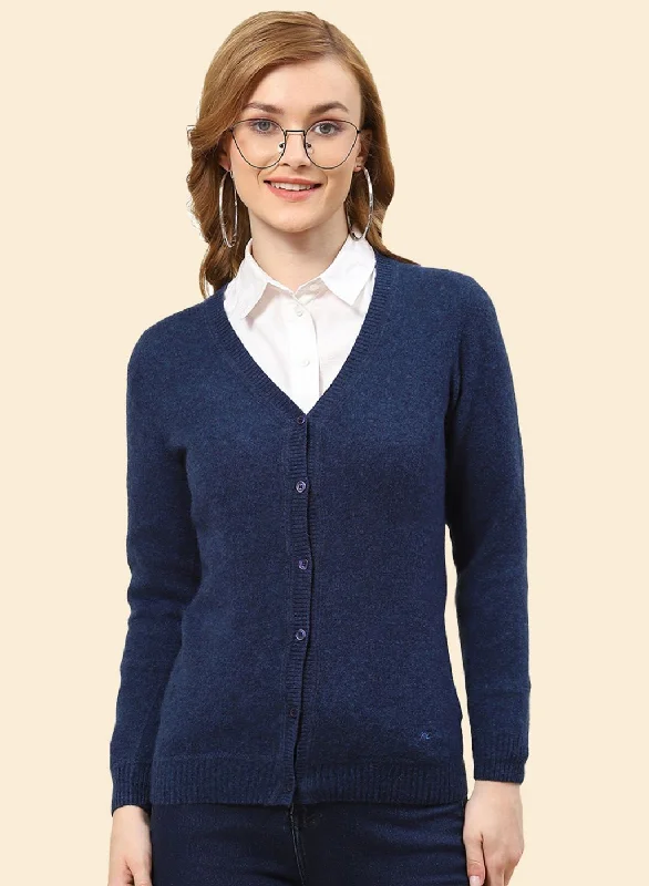 Women NAvy Blue Solid Lamb wool Cardigan