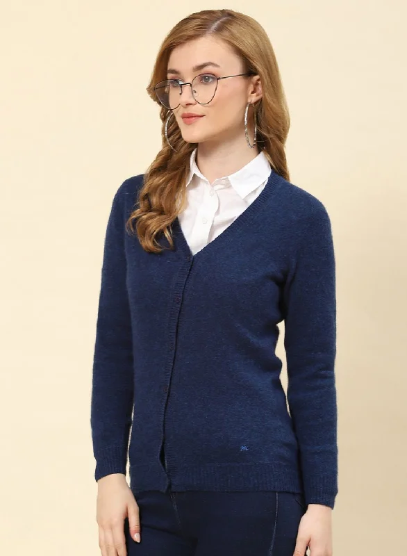 Women NAvy Blue Solid Lamb wool Cardigan