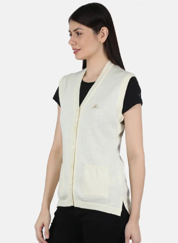 Women Off White Solid Cardigan