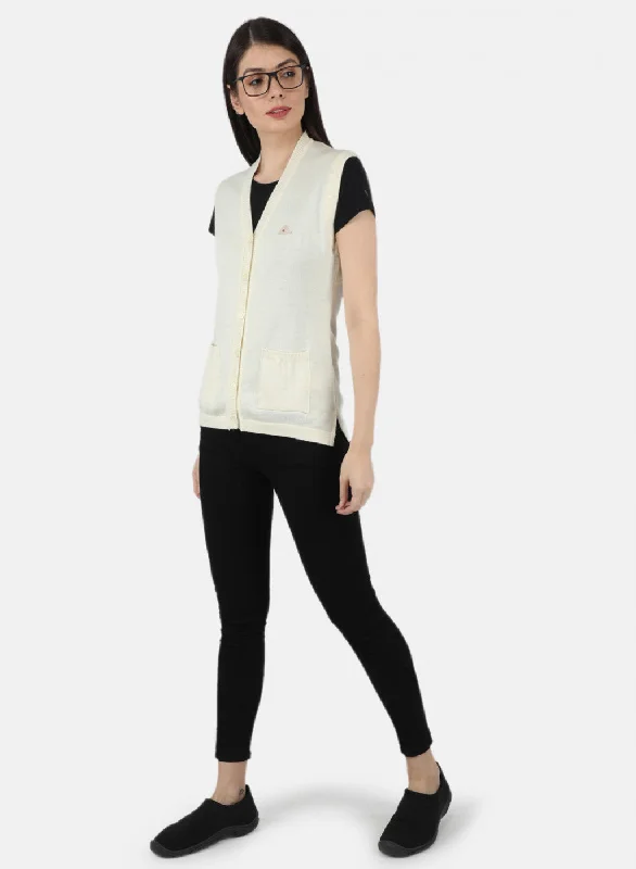 Women Off White Solid Cardigan