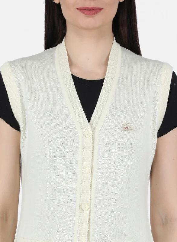 Women Off White Solid Cardigan