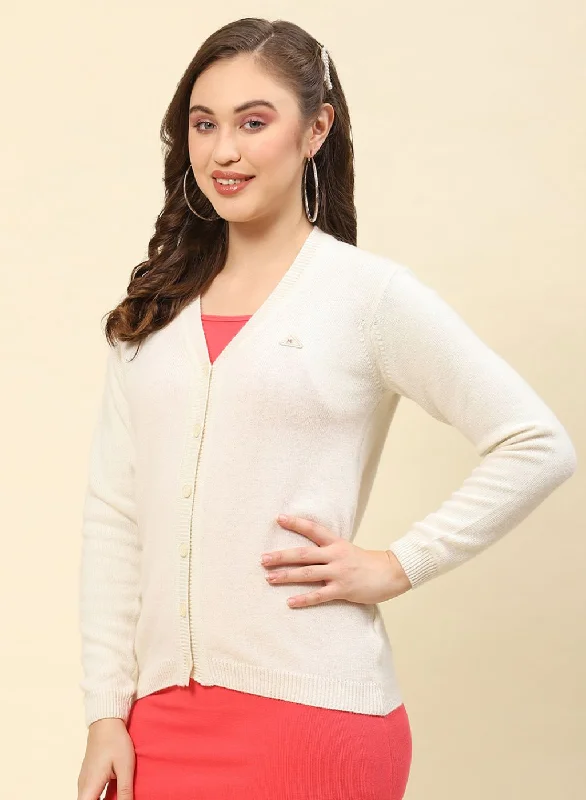 Women Off White Solid Lamb wool Cardigan