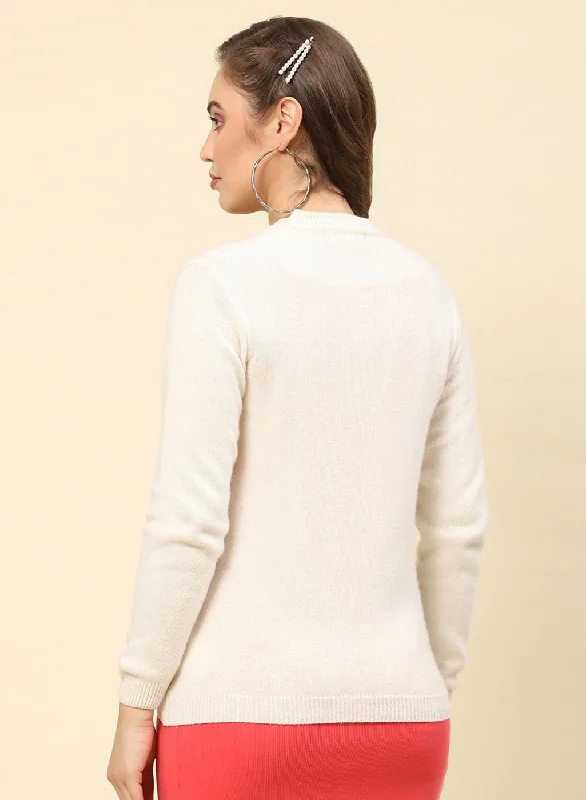 Women Off White Solid Lamb wool Cardigan