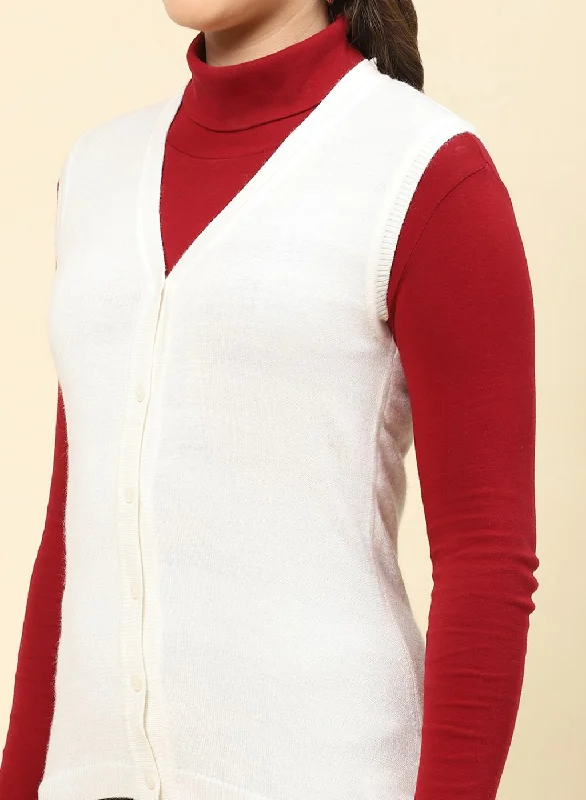 Women Off White Solid Modal Nylone Cardigan