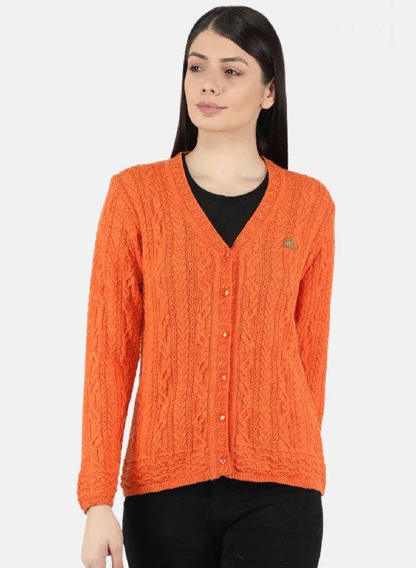 Women Orange Self Design Cardigan