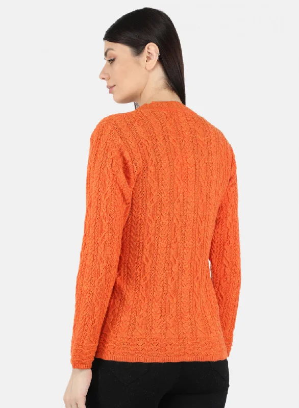 Women Orange Self Design Cardigan