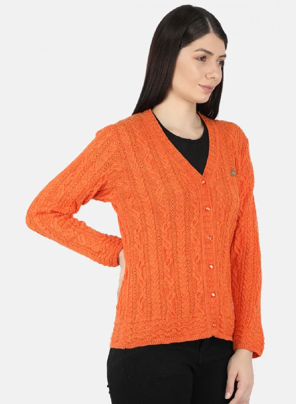 Women Orange Self Design Cardigan