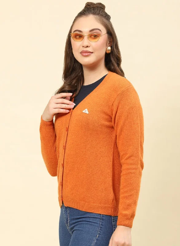 Women Orange Solid Lamb wool Cardigan