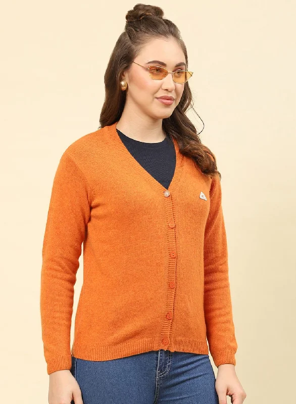 Women Orange Solid Lamb wool Cardigan