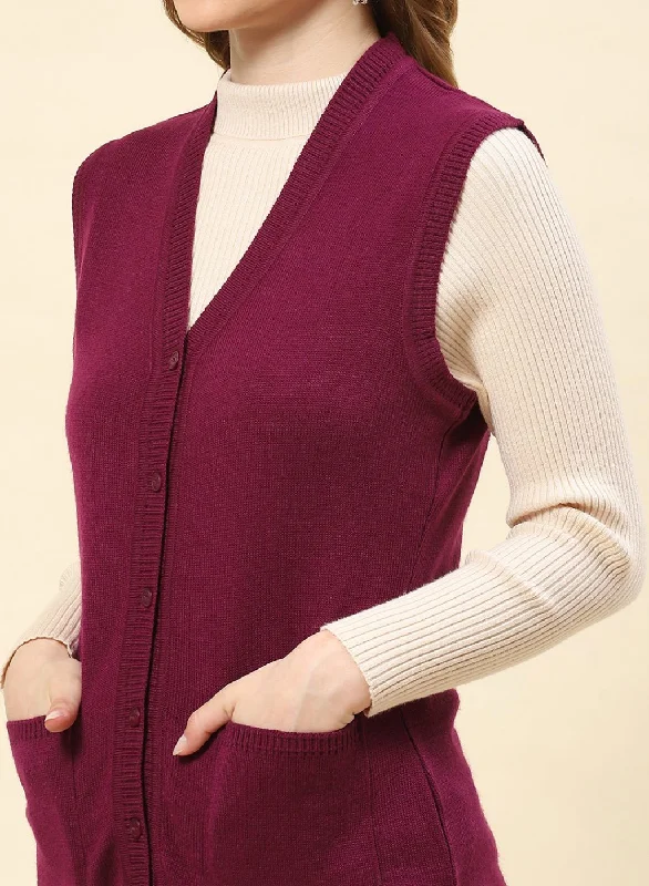 Women Purple Solid Blend wool Cardigan