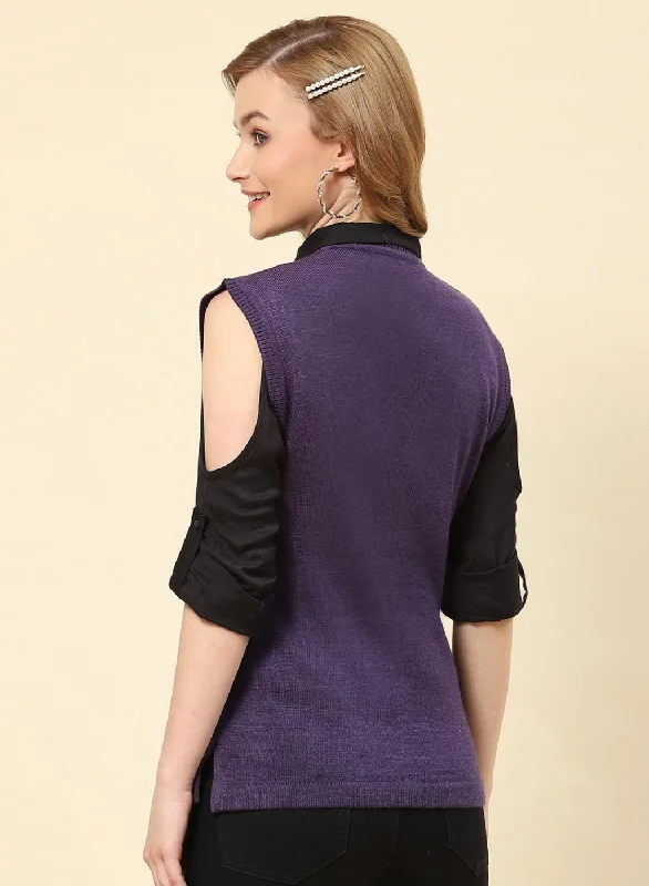 Women Purple Solid Blend wool Cardigan