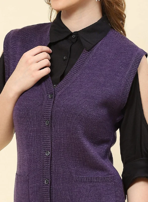 Women Purple Solid Blend wool Cardigan