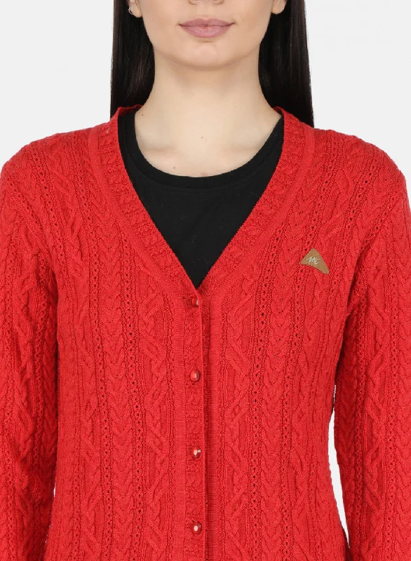 Women Red Self Design Cardigan