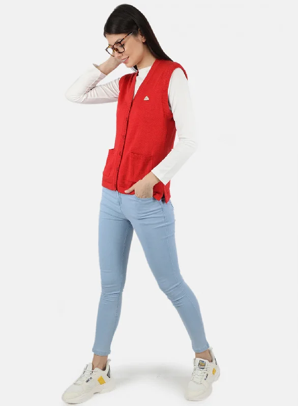 Women Red Solid Cardigan