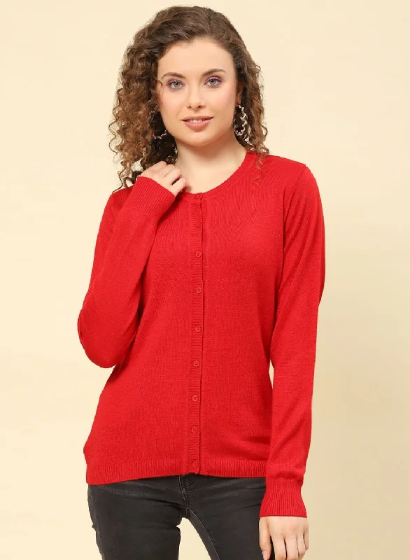 Women Red Solid Modal Nylone Cardigan