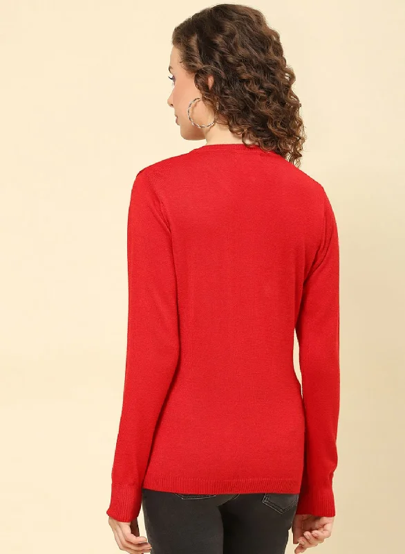 Women Red Solid Modal Nylone Cardigan